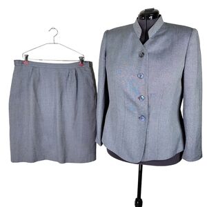 Le Suit Skirt Suit Size 16W Stand Up Collar Pockets Spun Rayon Marled Navy Blue